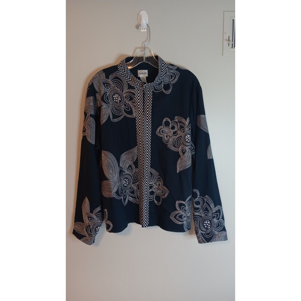 Chicos Navy Floral Blazer Jacket Sz 3 Womens XL Embroidered Lightweight